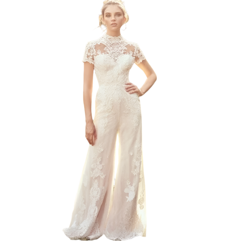 Modern bride pants suit featuring a short sleeve wedding jumpsuit, tailored for elegance and a sophisticated bridal look.

