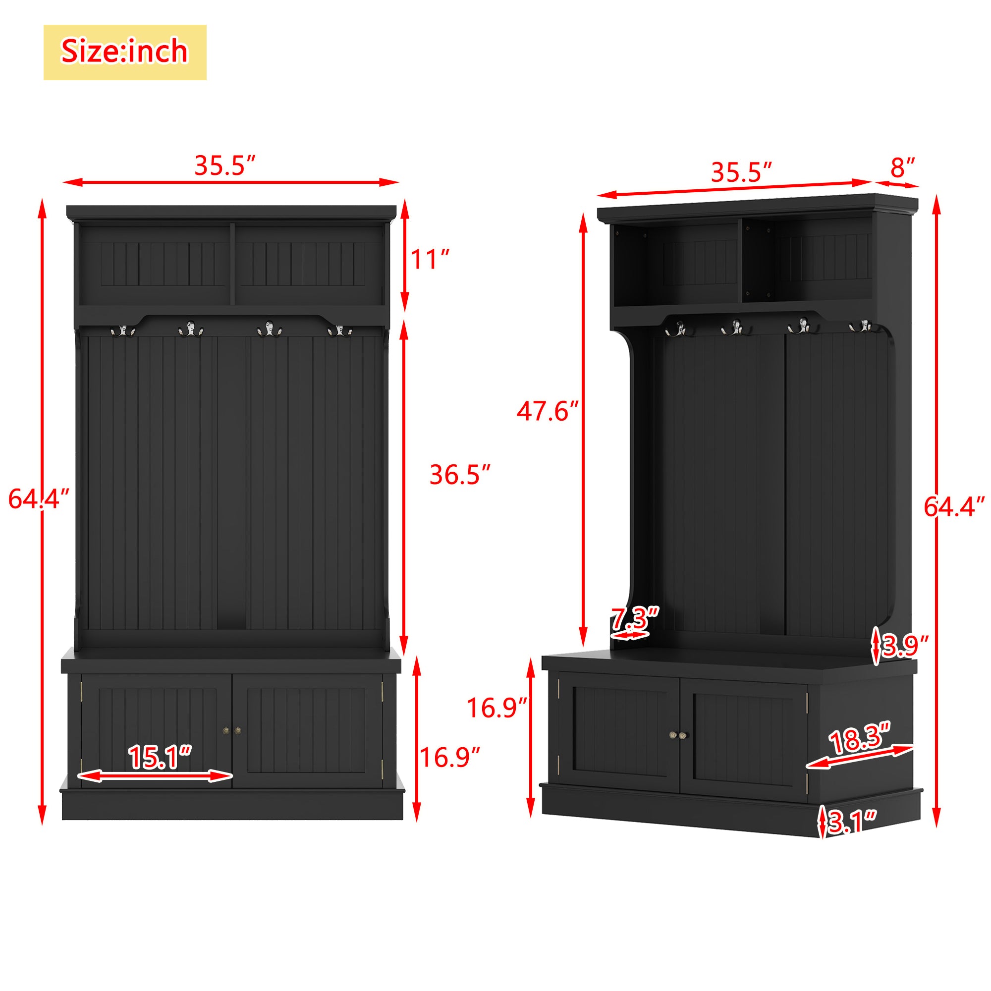 Black 4-in-1 hall tree with storage bench and coat hooks, front view

