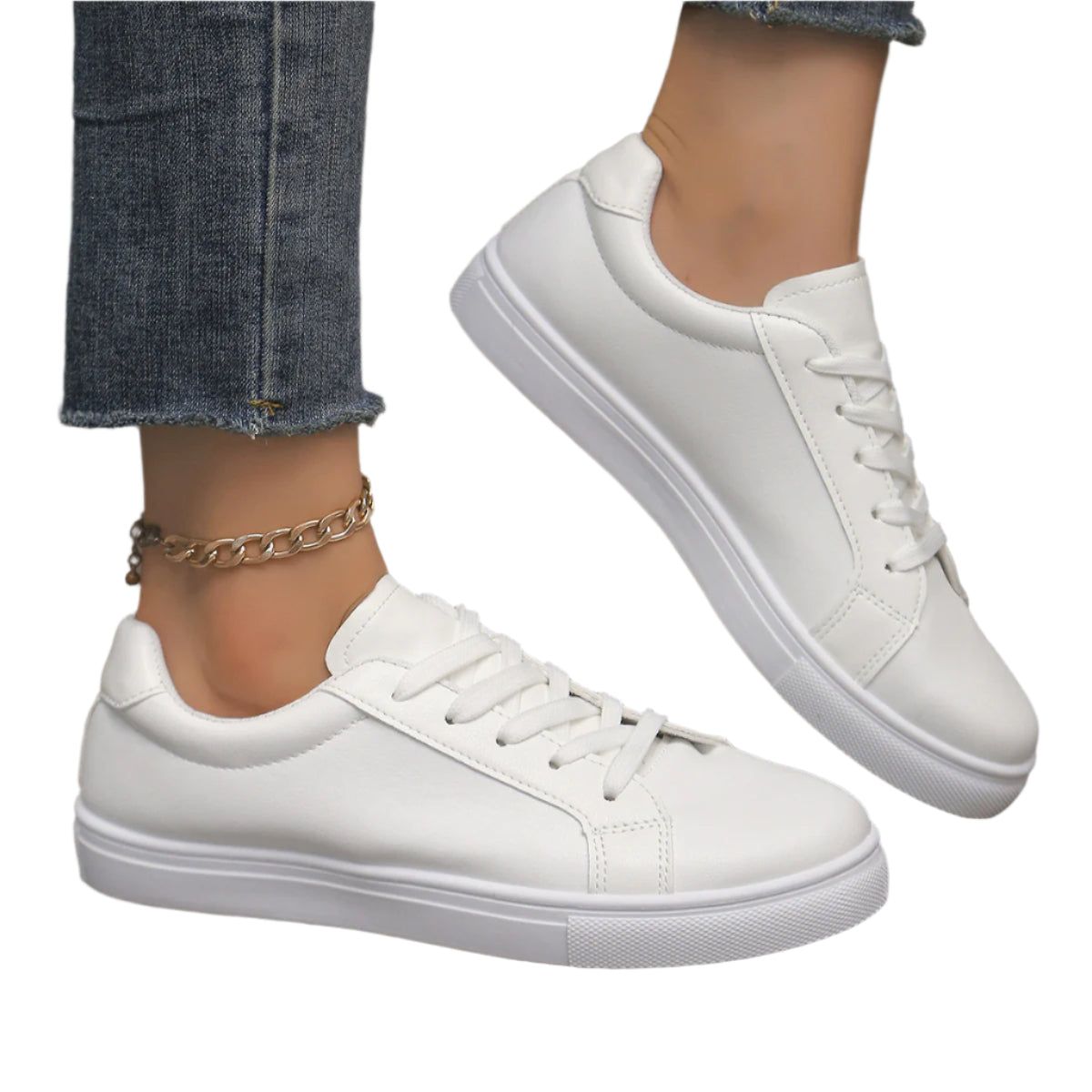 Lace-up White Shoes Women's Flat Leather Surface Sneakers for casual and stylish everyday wear.








