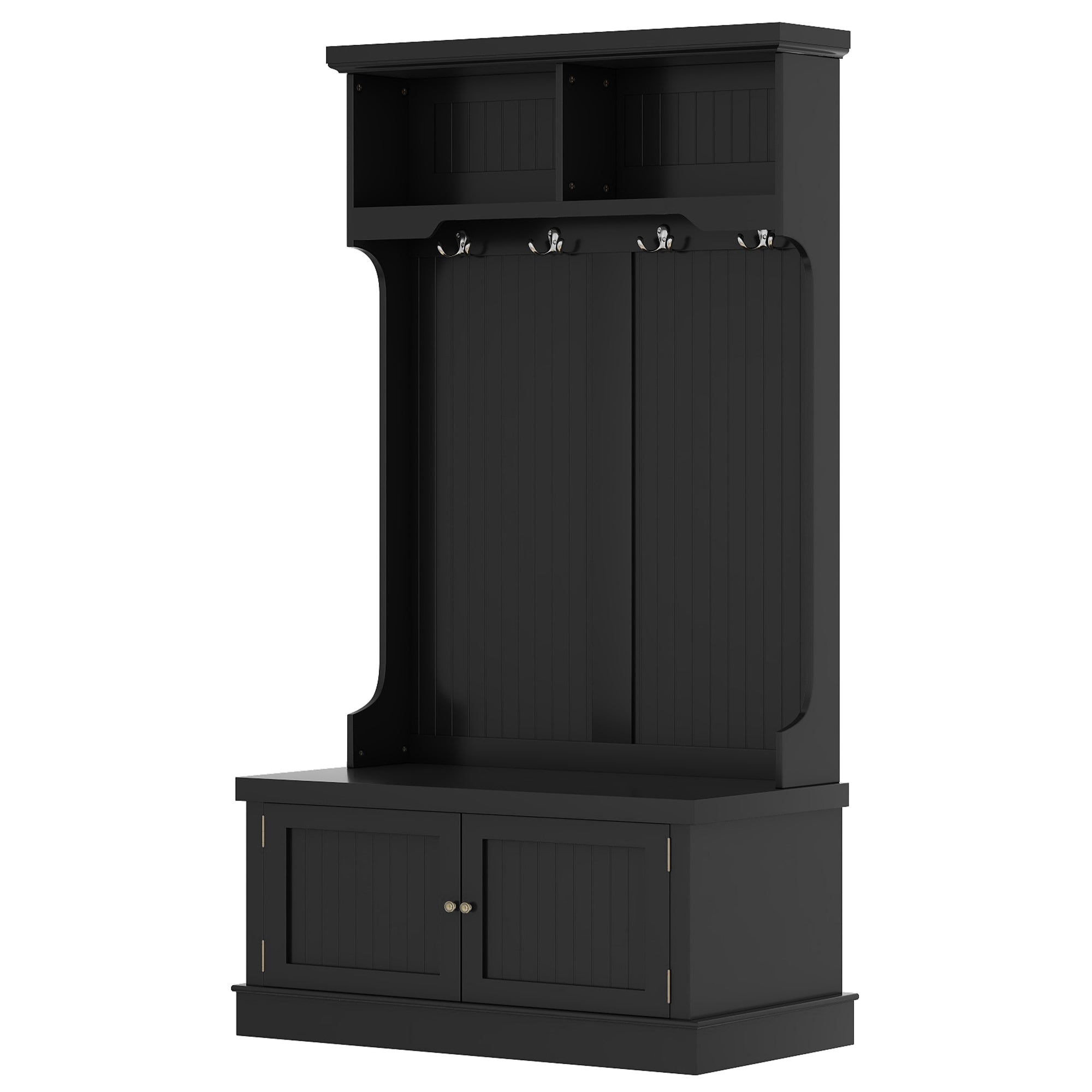 Black 4-in-1 hall tree with storage bench and coat hooks, front view

