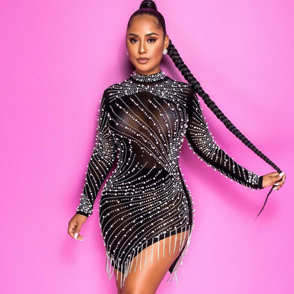 “Angelique Pearl Rhinestone Mini Dress – women’s glamorous mini dress adorned with pearls and rhinestones, perfect for parties and special occasions – Hot Deal Warehouse fashion”

