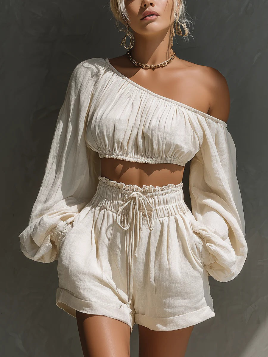 Shoulder long sleeved short top+high waisted casual shorts set for women Hot Deal Warehouse