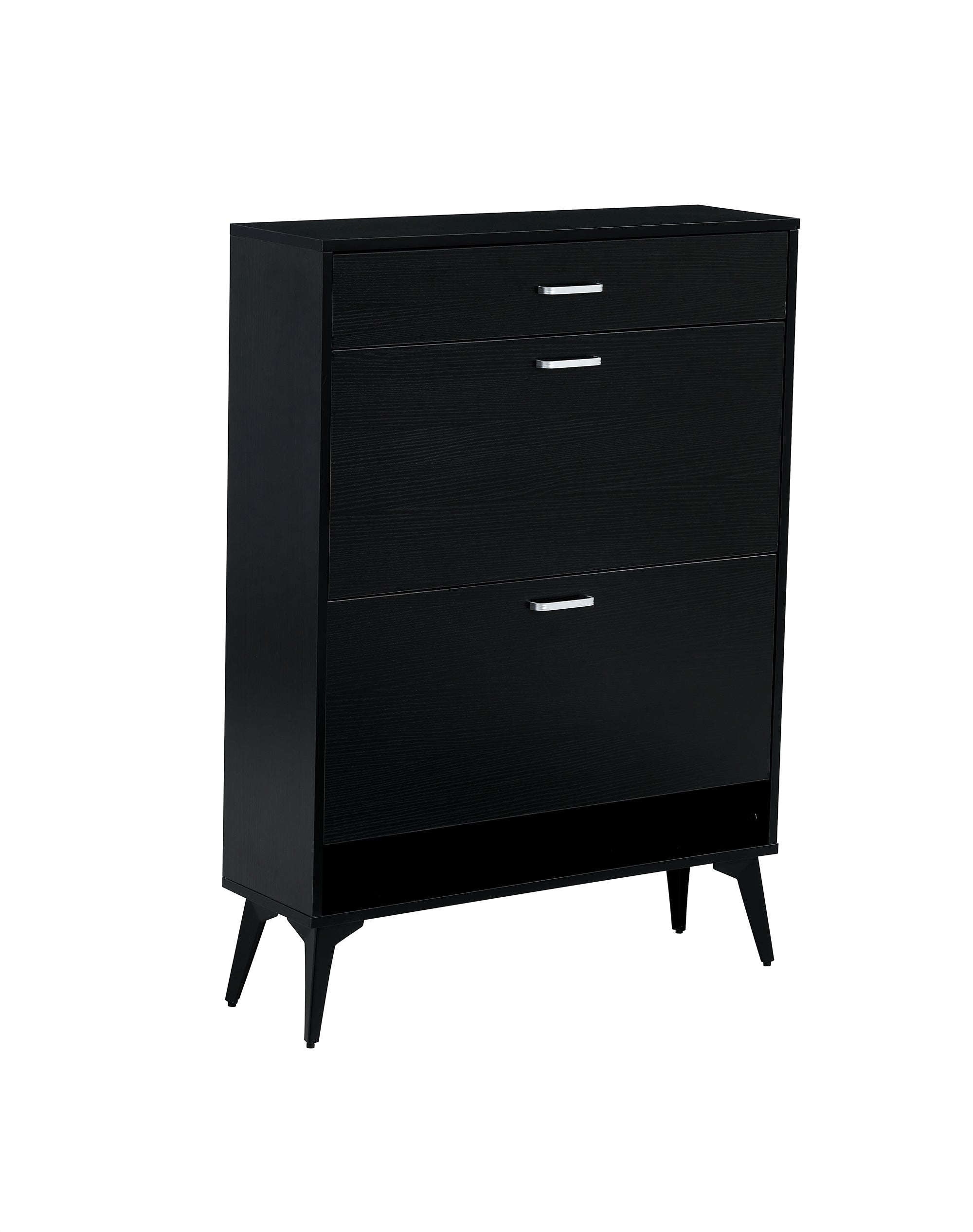 Black shoe cabinet with open shelves for footwear storage