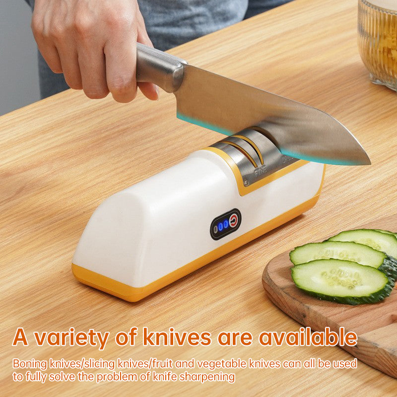 Compact multifunctional electric knife sharpener for kitchen use – automatic professional tool.

