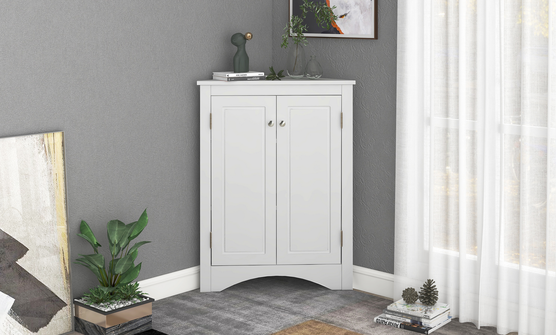 White triangle bathroom storage cabinet with a compact, space-saving design, featuring multiple shelves for organizing toiletries, towels, and other bathroom essentials. Made from durable materials, this sleek cabinet adds a functional and stylish touch to any bathroom decor.