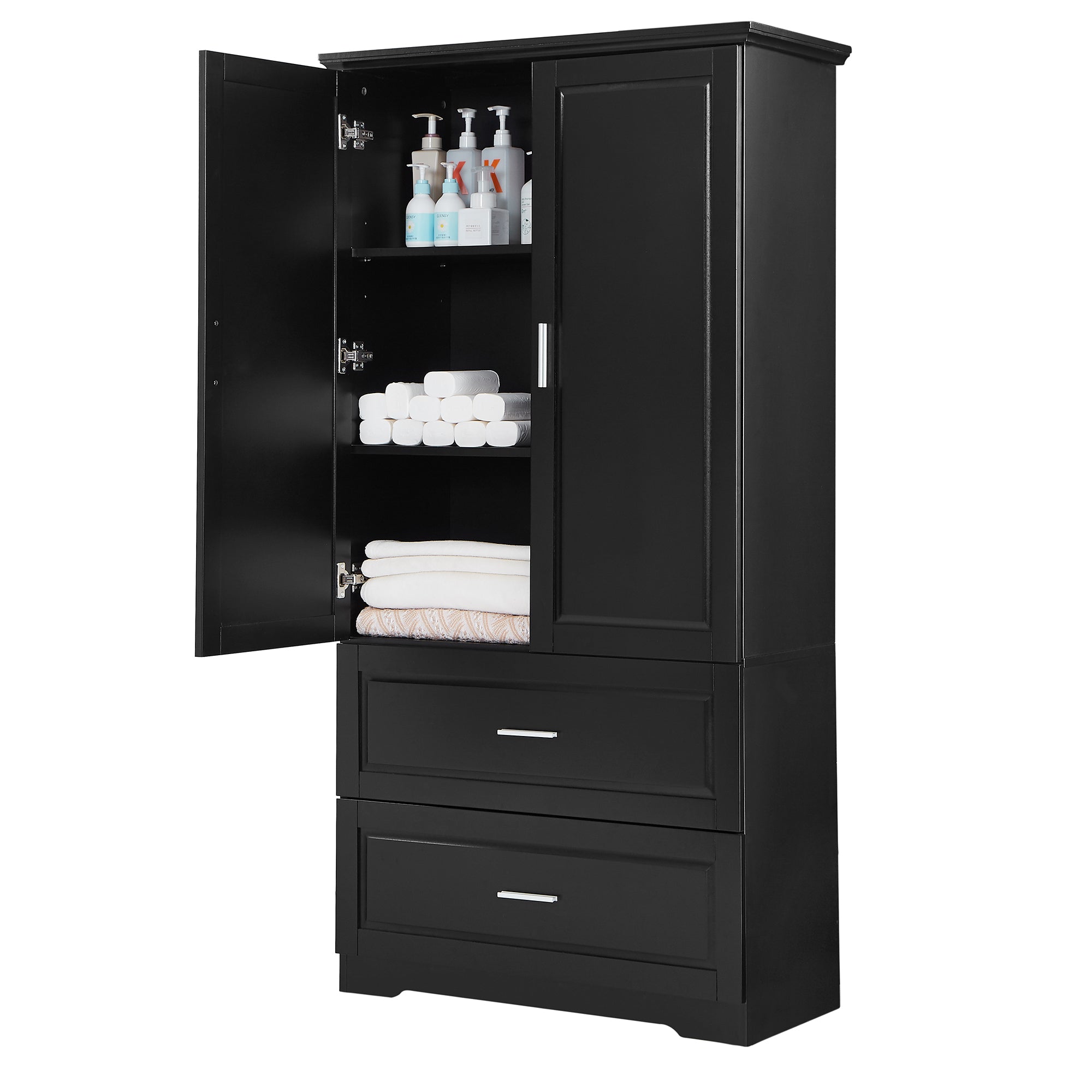 Black MDF tall bathroom storage cabinet with two doors and drawers