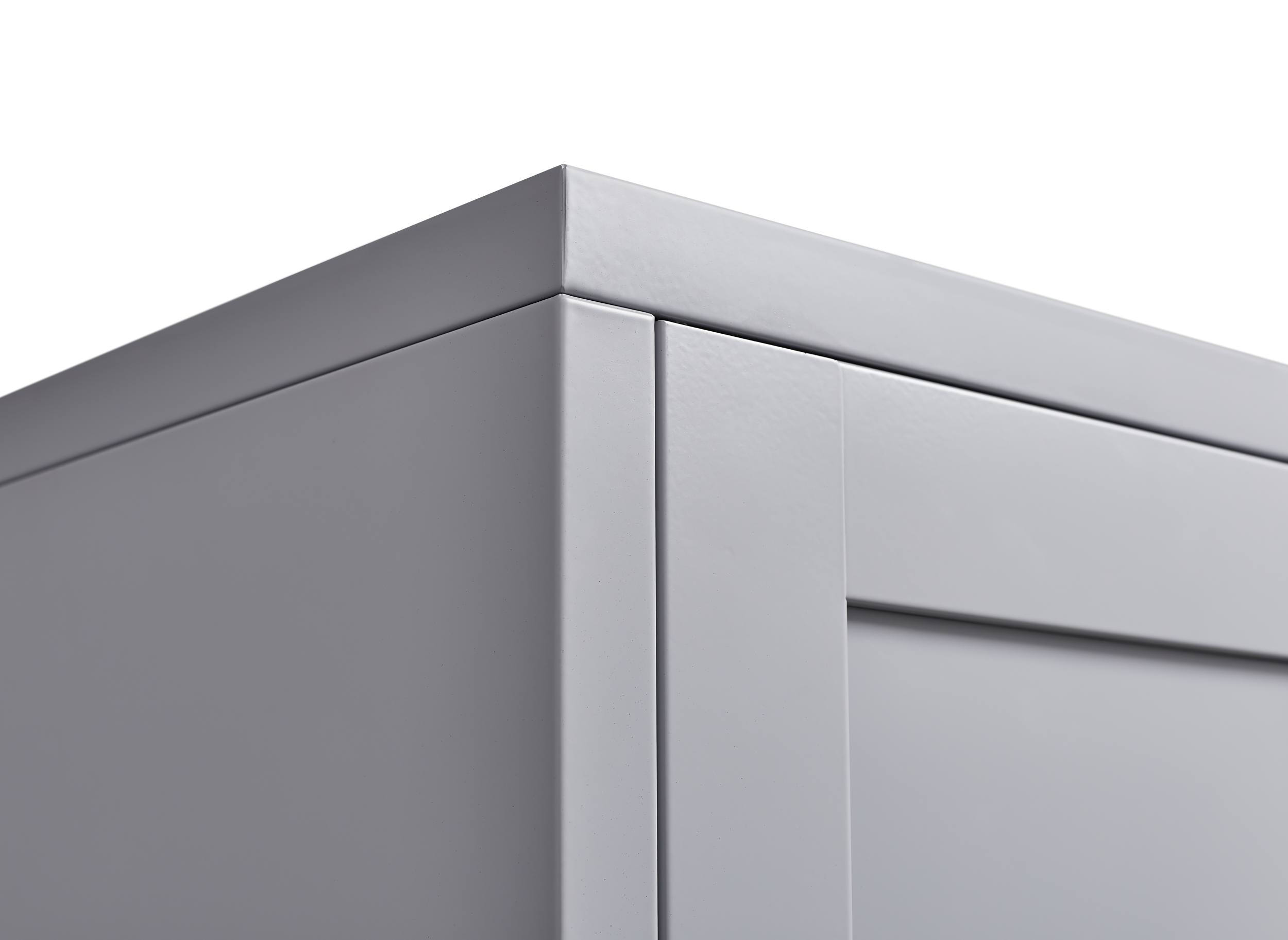 Grey metal kitchen storage cabinet with door and adjustable shelf in a modern kitchen