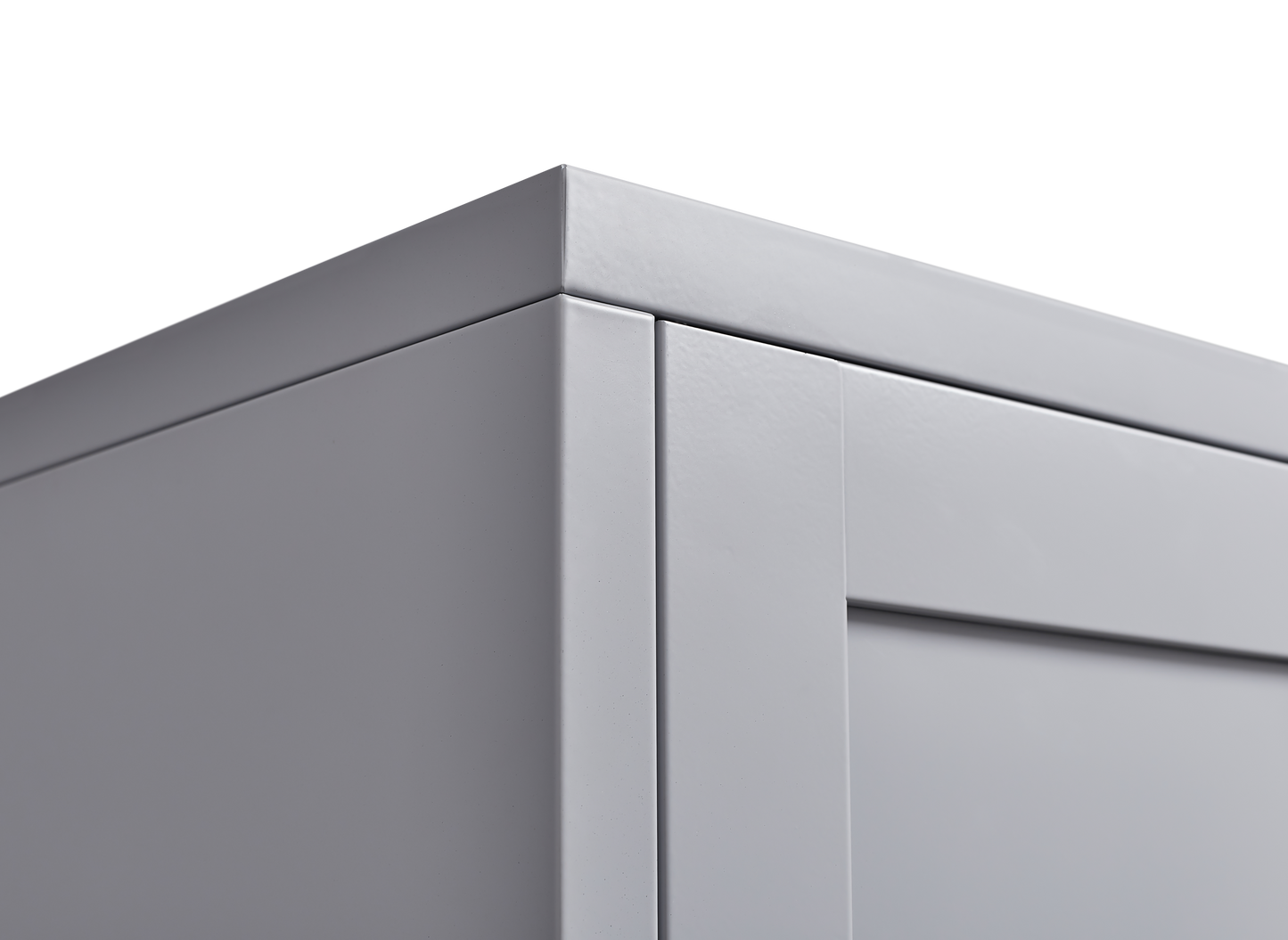Grey metal kitchen storage cabinet with door and adjustable shelf in a modern kitchen
