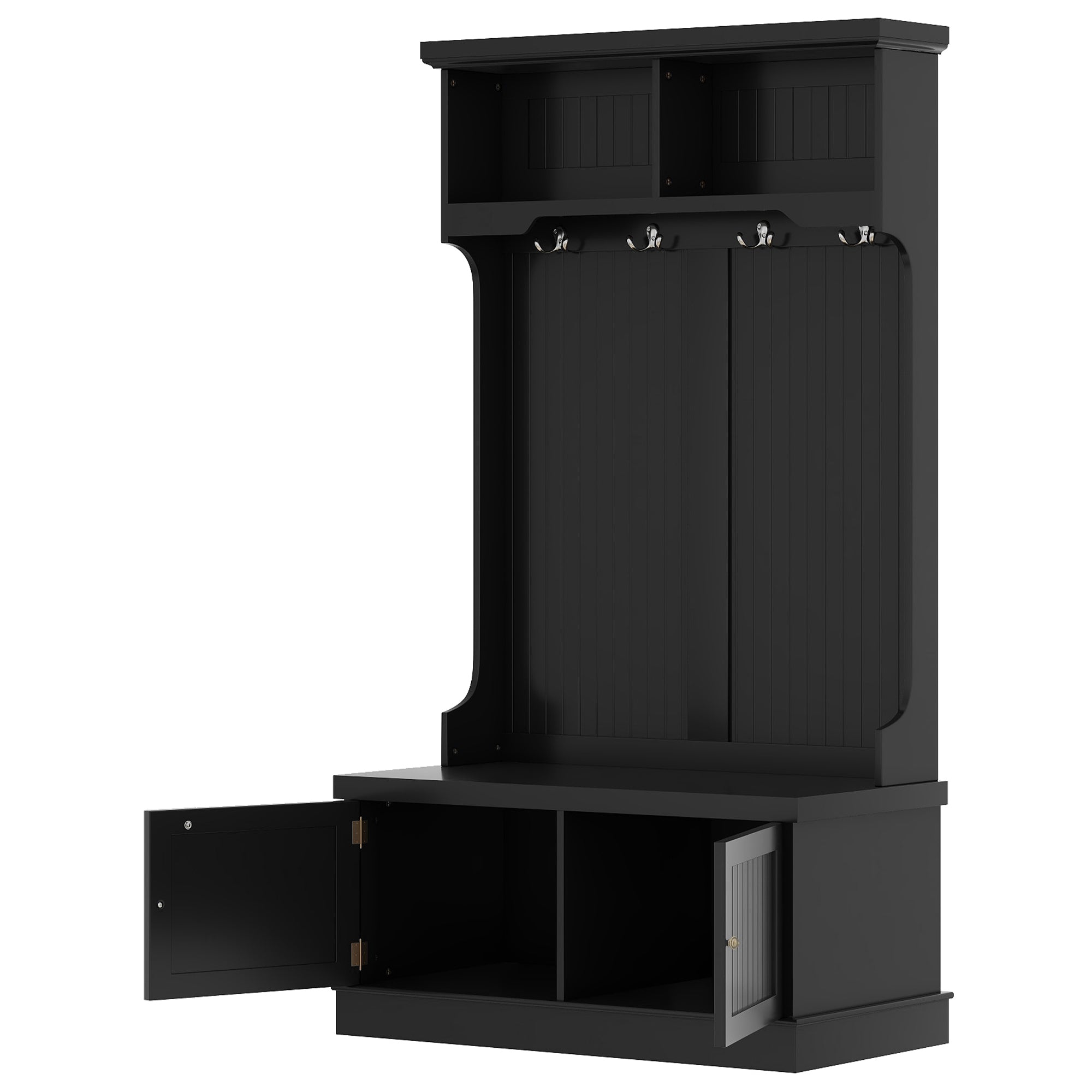 Black 4-in-1 hall tree with storage bench and coat hooks, front view

