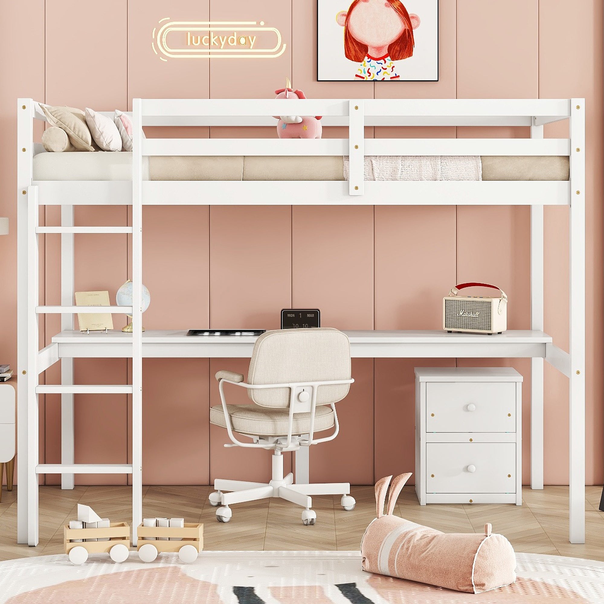 Full view of white twin loft bed with built-in desk and drawers underneath

