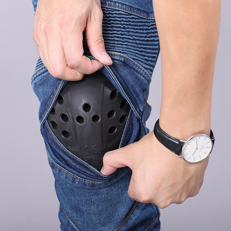 Men’s motorcycle riding jeans with reinforced knee and hip protection, durable denim, and a stylish biker design.