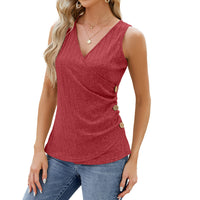 Women’s sleeveless V-neck tank top with button design in solid color, perfect for casual or dressy summer looks.








