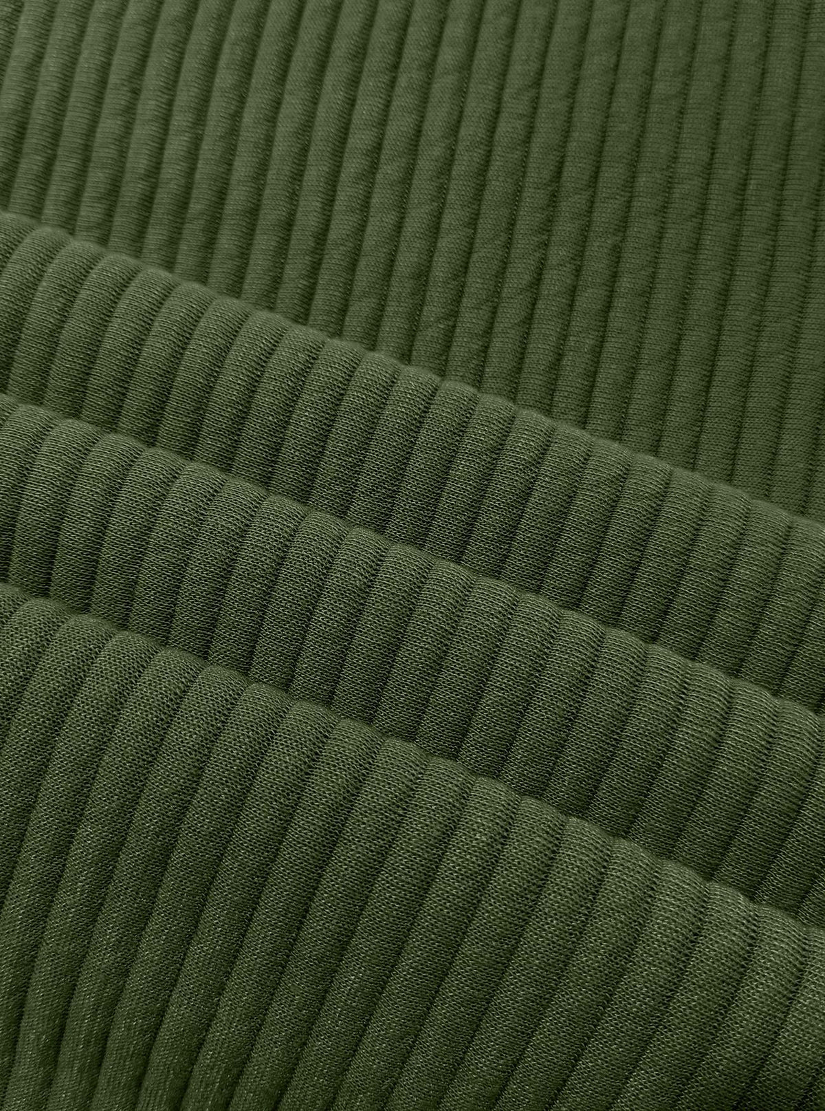 Close-up of olive green ribbed fabric with a textured corduroy-like vertical stripe pattern.