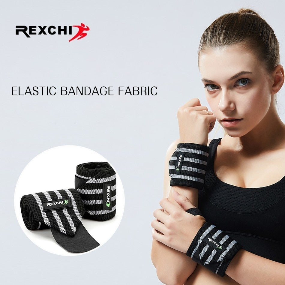 "REXCHI gym fitness wrist wraps, designed for added wrist support during weightlifting and strength training, featuring durable fabric and adjustable straps."
