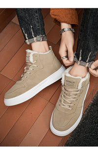 Plus size men’s high-top winter fleece-lined casual sports cotton shoes in neutral tones.

