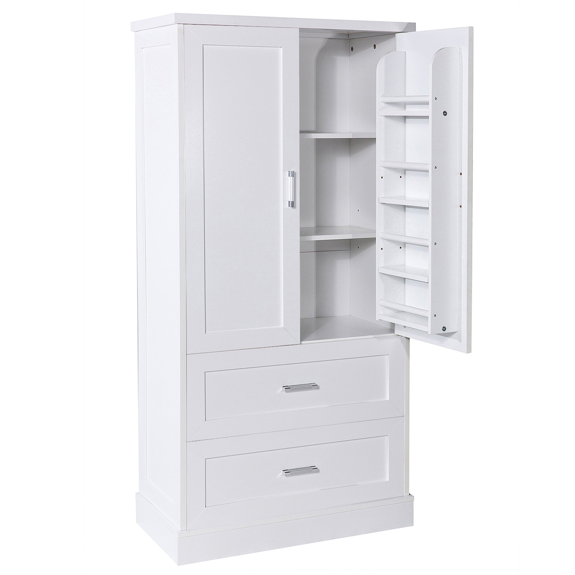 Tall white bathroom cabinet with drawers and double doors