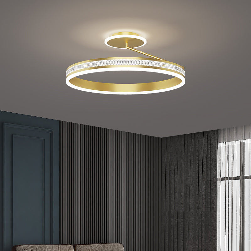 Modern minimalist bedroom with soft-glow ceiling light and clean interior design

