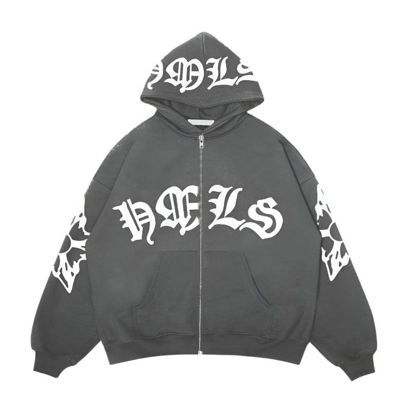 Oversized unisex hoodie with Gothic letter print and zipper – streetwear fashion for men and women.

