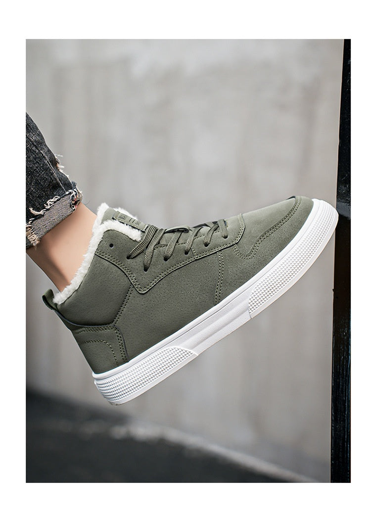 Plus size men’s high-top winter fleece-lined casual sports cotton shoes in neutral tones.

