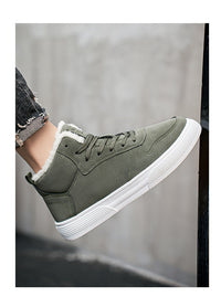 Plus size men’s high-top winter fleece-lined casual sports cotton shoes in neutral tones.

