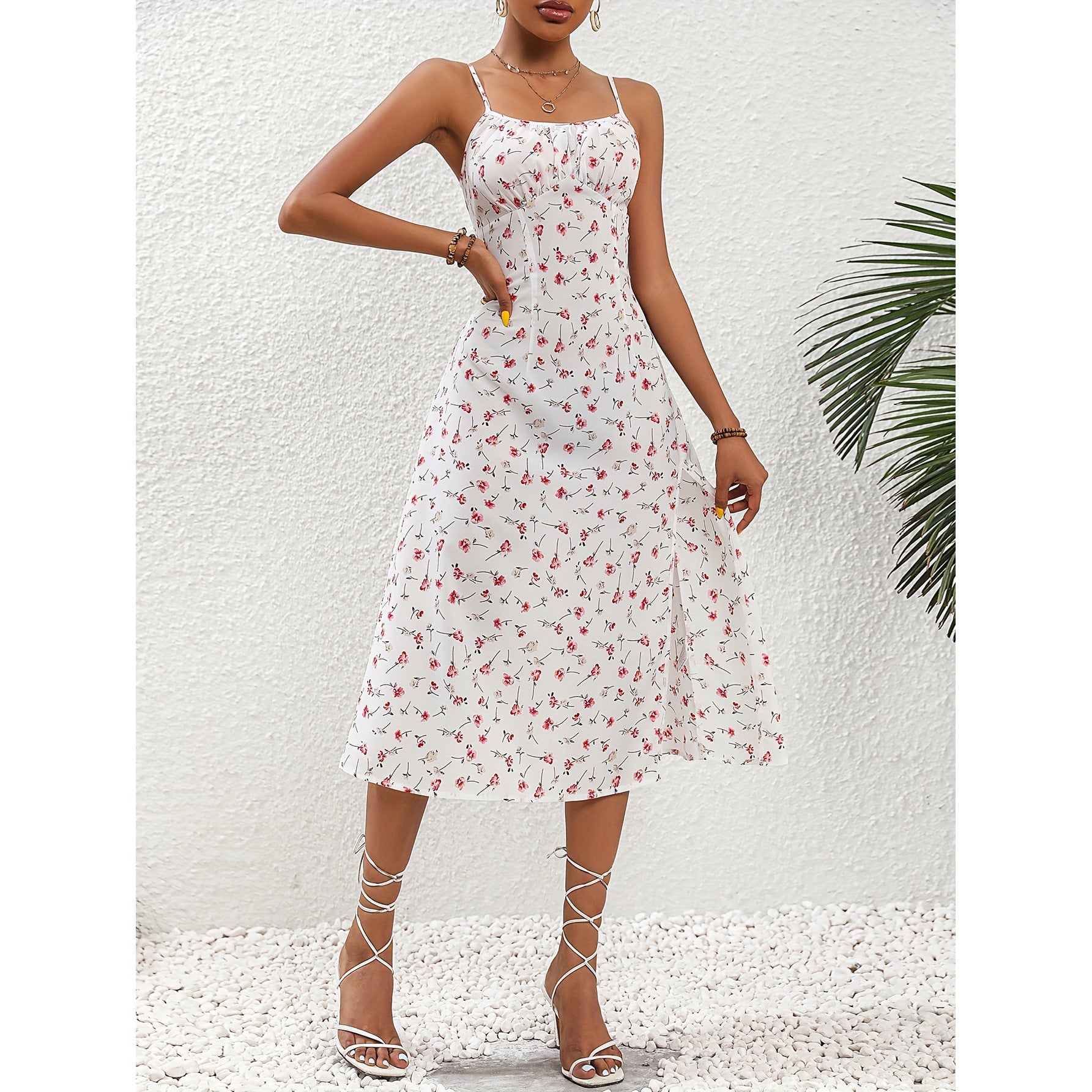 Women’s Polka Dot Print Suspender Dress with sexy slit, summer long dress with adjustable straps.

