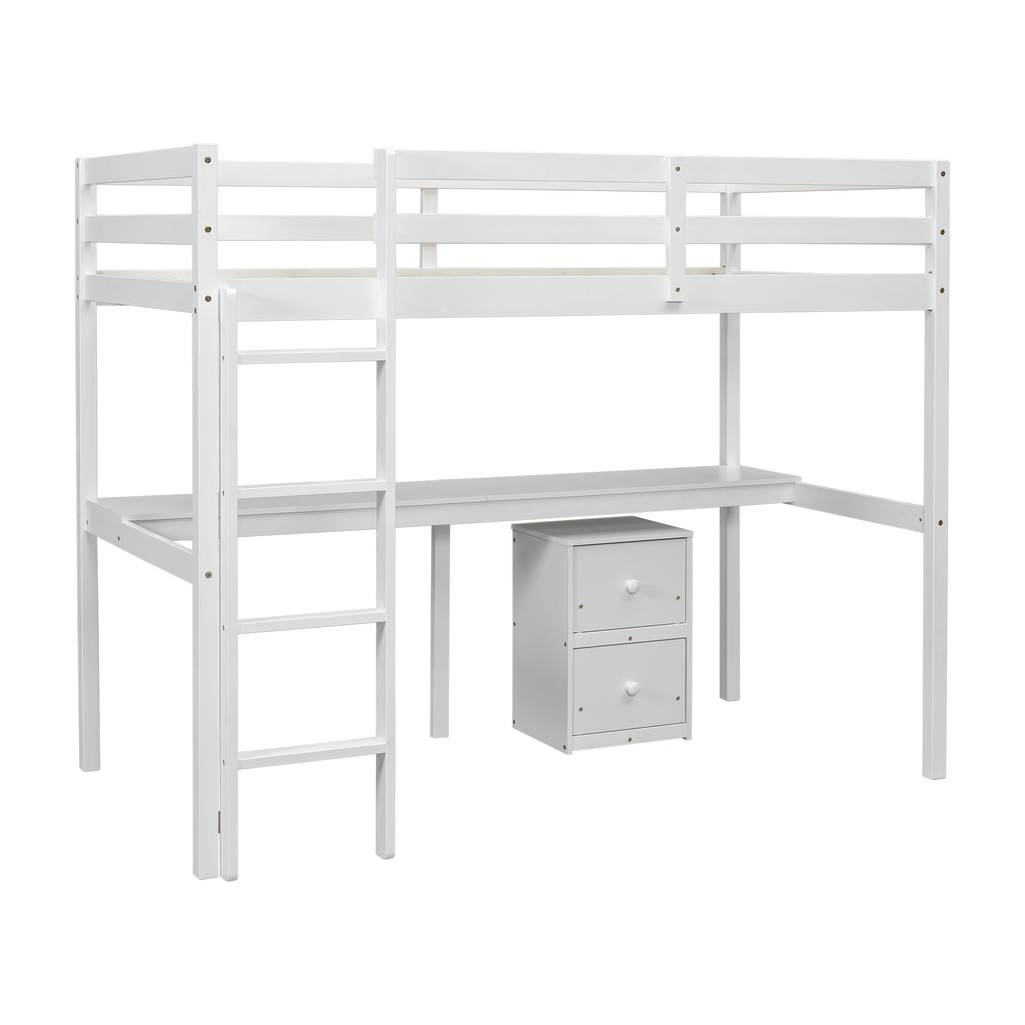 Full view of white twin loft bed with built-in desk and drawers underneath

