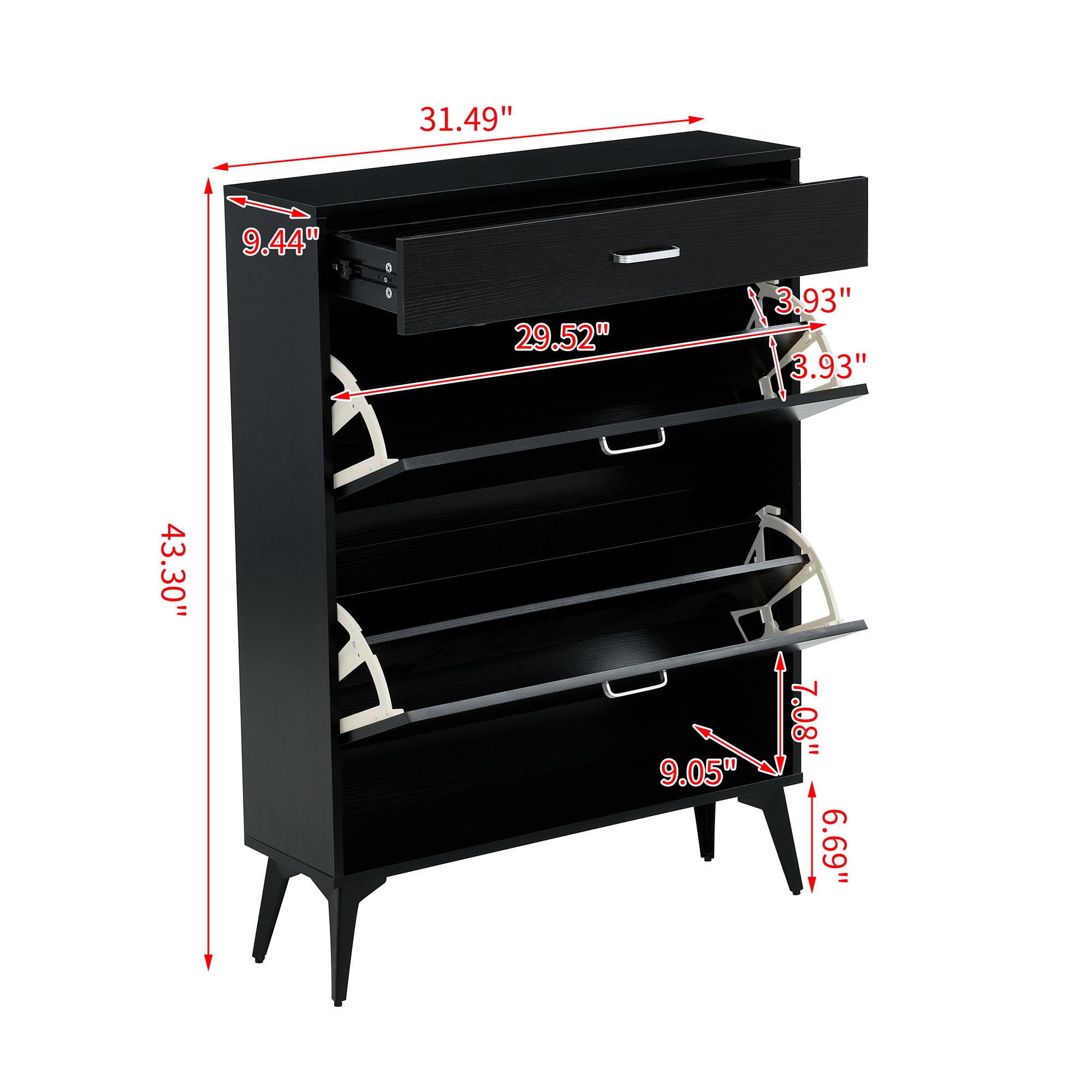 Black shoe cabinet with open shelves for footwear storage
