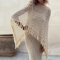 Bohemian Bat Sleeve Tassel Knit Hoodie Cape for Women – Oversized Pullover Sweater

