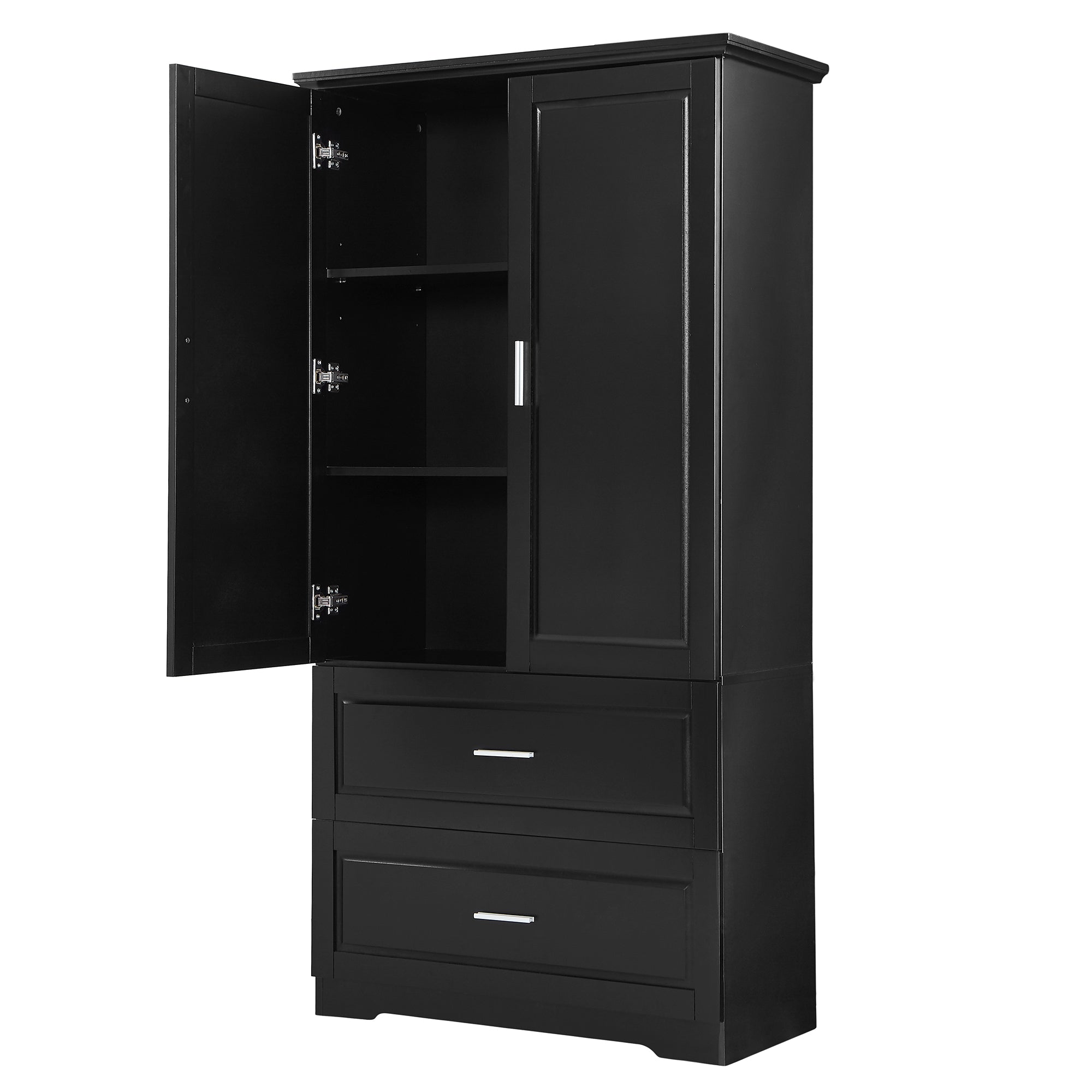 Black MDF tall bathroom storage cabinet with two doors and drawers