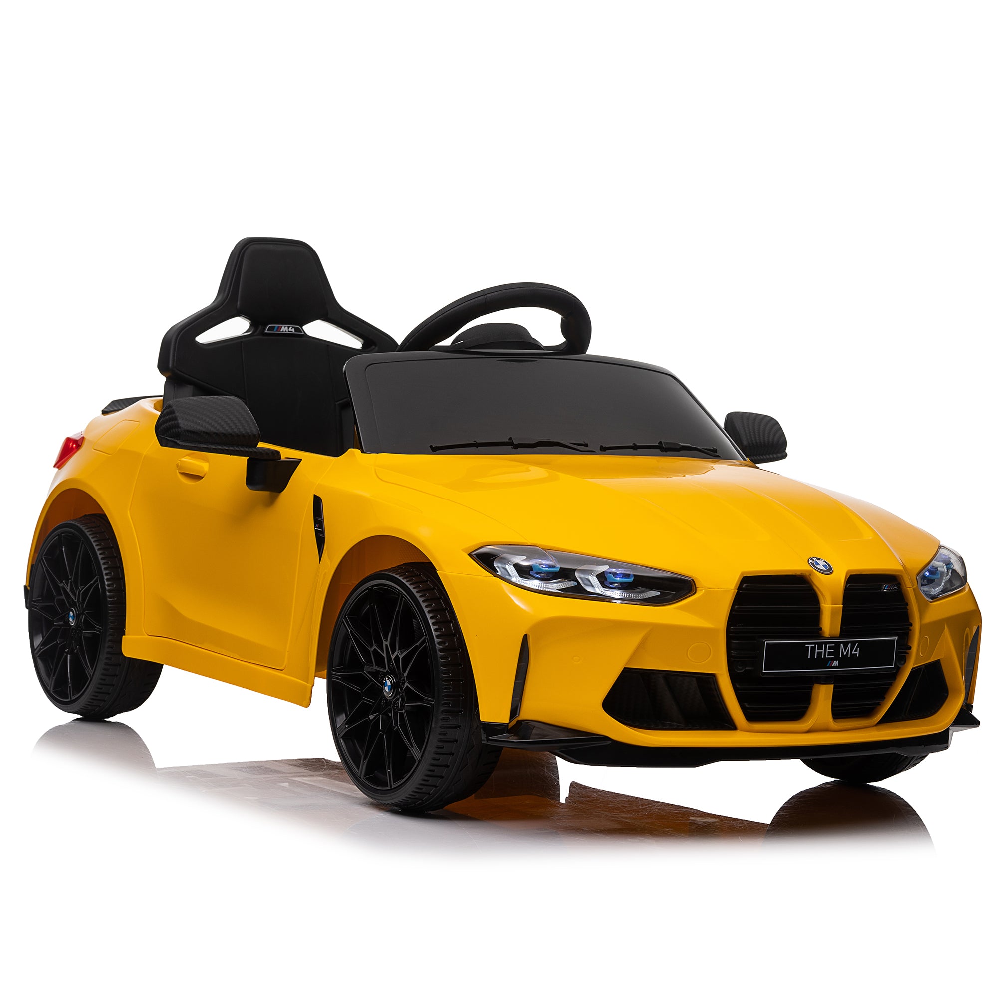 Yellow BMW M4 12V electric ride-on car for kids, featuring authentic design with working headlights, MP3 player, and forward/reverse motion. Comes with adjustable seat and steering wheel, providing a realistic driving experience for children aged 3-6