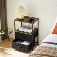 Modern tea table with USB port, outlet, and two drawers, front view

