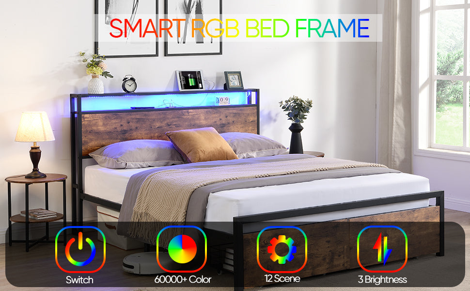 Full-size bed frame with LED headboard, drawers, and charging ports