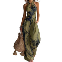 New halter backless jumpsuit, blue and white tie-dye wide-leg pants, summer beach women's wear Hot Deal Warehouse