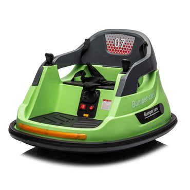 Green 12V electric ride-on bumper car for kids, designed for 360-degree spins and easy joystick control. Features a sturdy build, safety belt, and vibrant colors, providing a fun and secure bumper car experience for children aged 3-6, ideal for indoor play