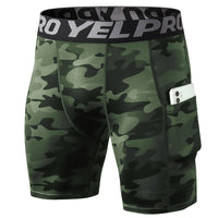 Men’s black PRO gym shorts with built-in compression tights, side pockets, and sweat-wicking fabric

