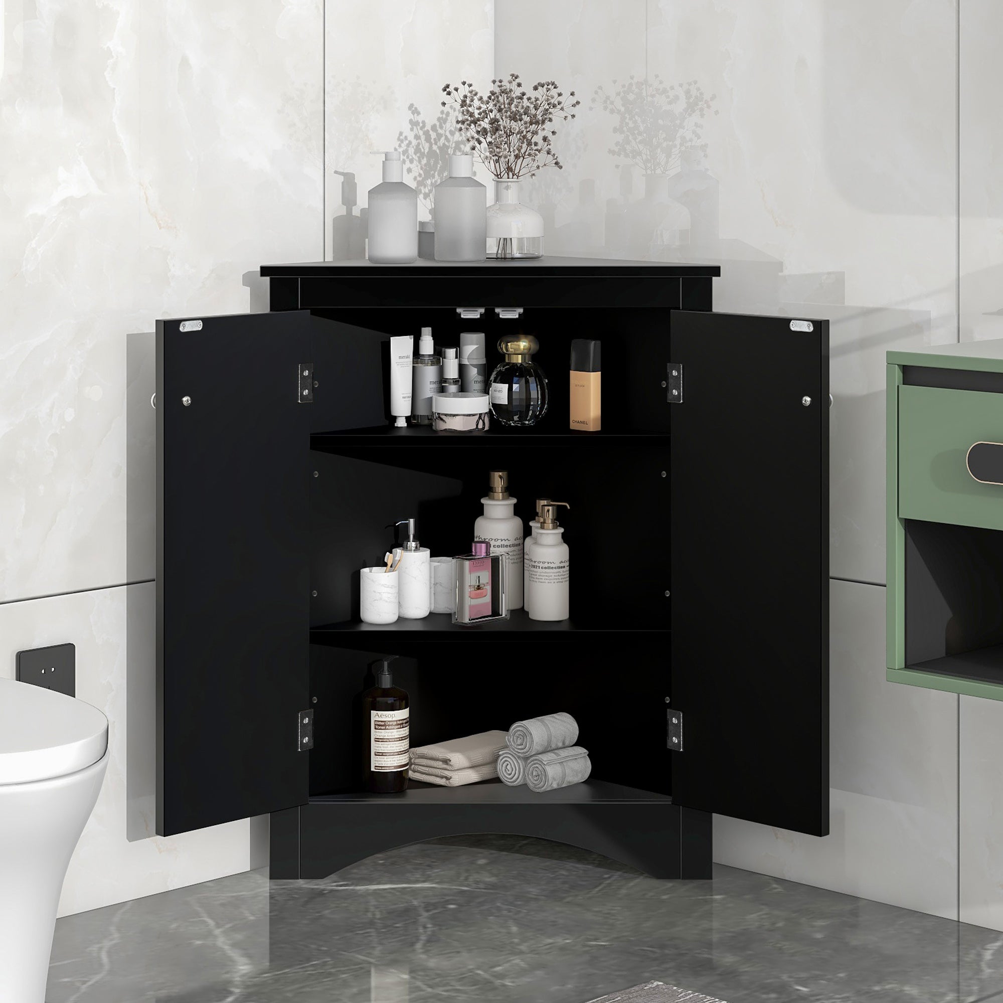 “Black triangle bathroom storage cabinet – modern, space-saving corner organizer for toiletries and essentials – Hot Deal Warehouse home furniture”

