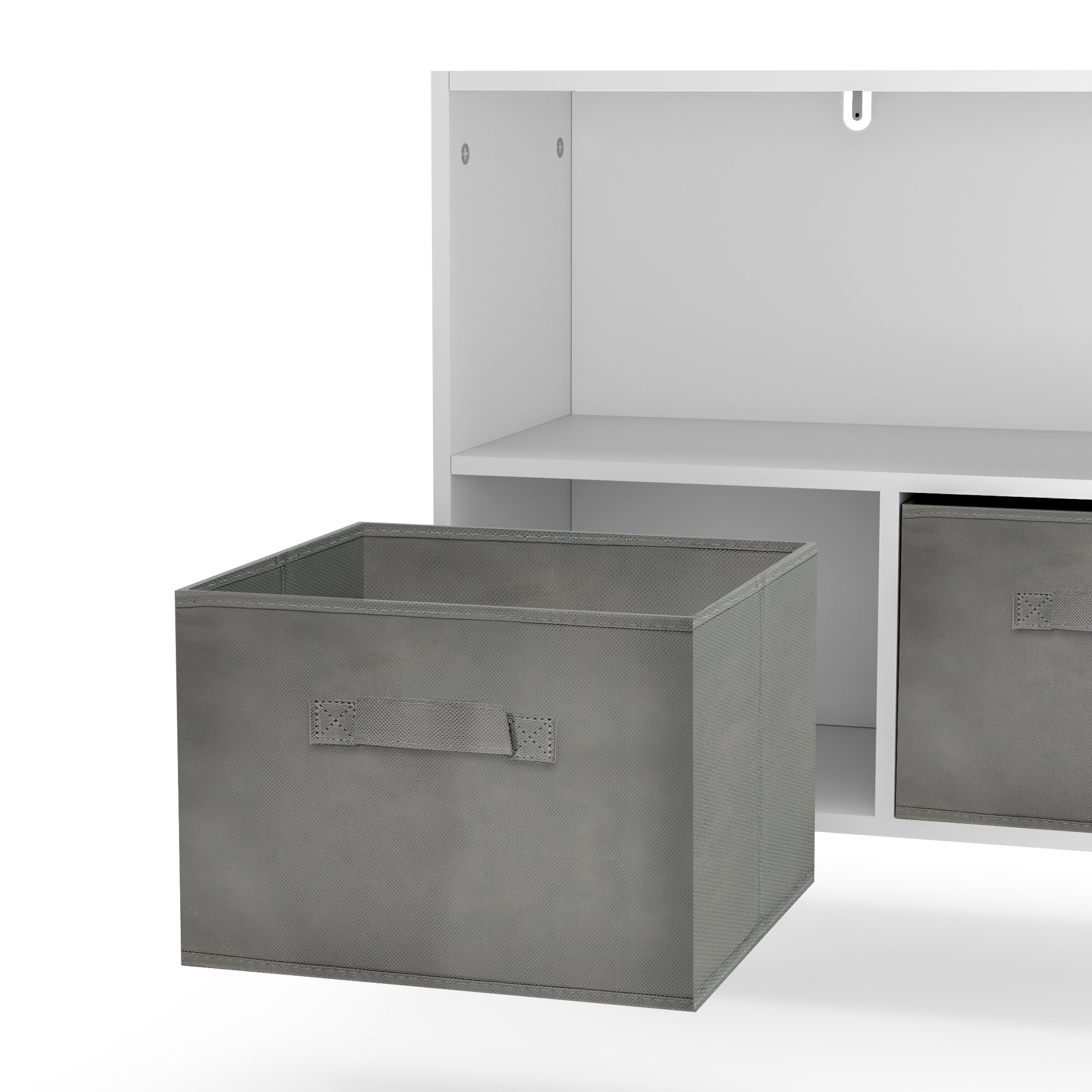 White kids bookcase with gray fabric drawers and books displayed