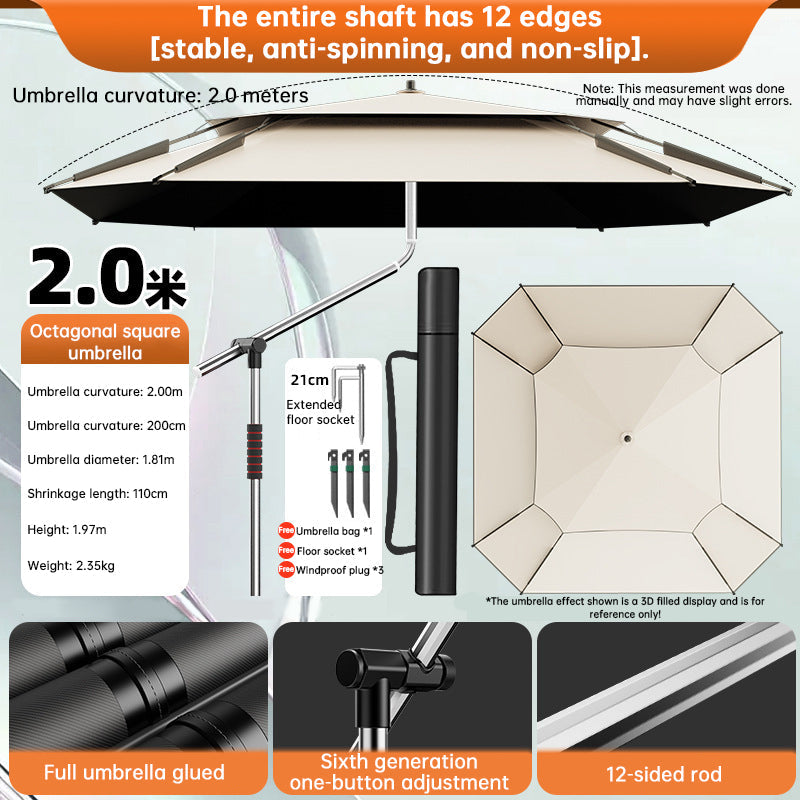2.0-2.6m Octagonal Fishing Umbrella Portable Beach Sun Shade Camping Parasol UV Waterproof with Carry Bag Hot Deal Warehouse