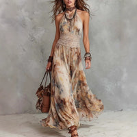 French Vintage Painted Floral Backless Strapless Summer Beach Vacation Long Dress Hot Deal Warehouse