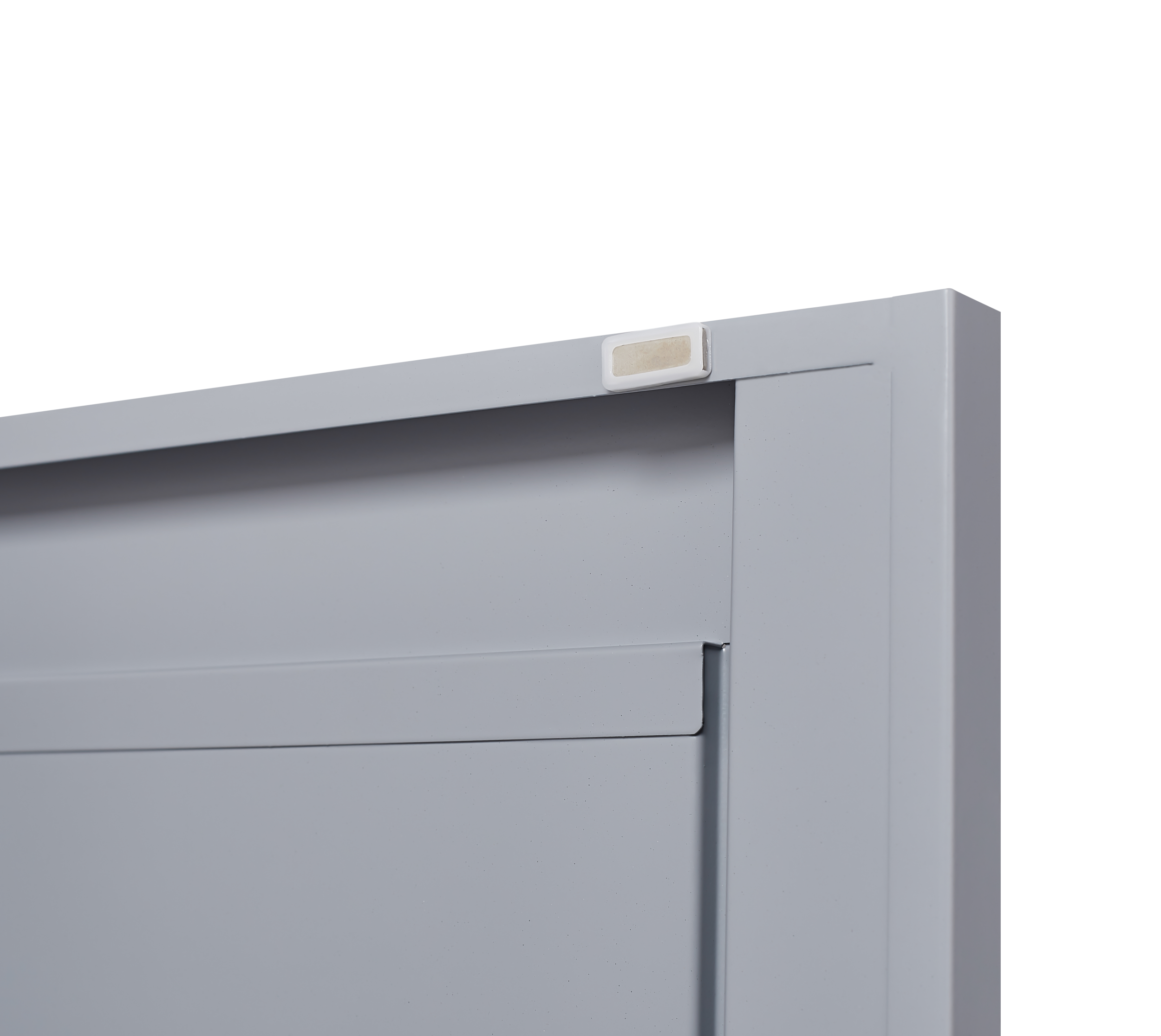 Grey metal kitchen storage cabinet with door and adjustable shelf in a modern kitchen