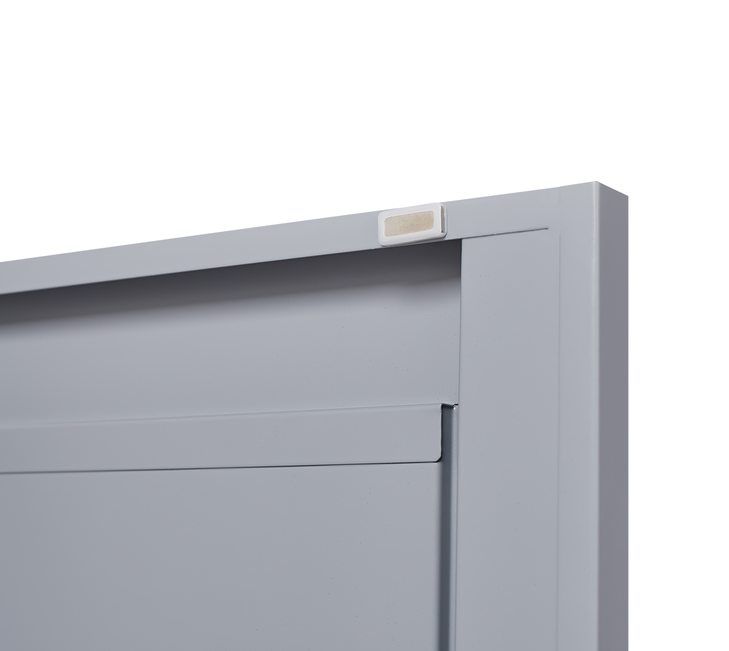Grey metal kitchen storage cabinet with door and adjustable shelf in a modern kitchen