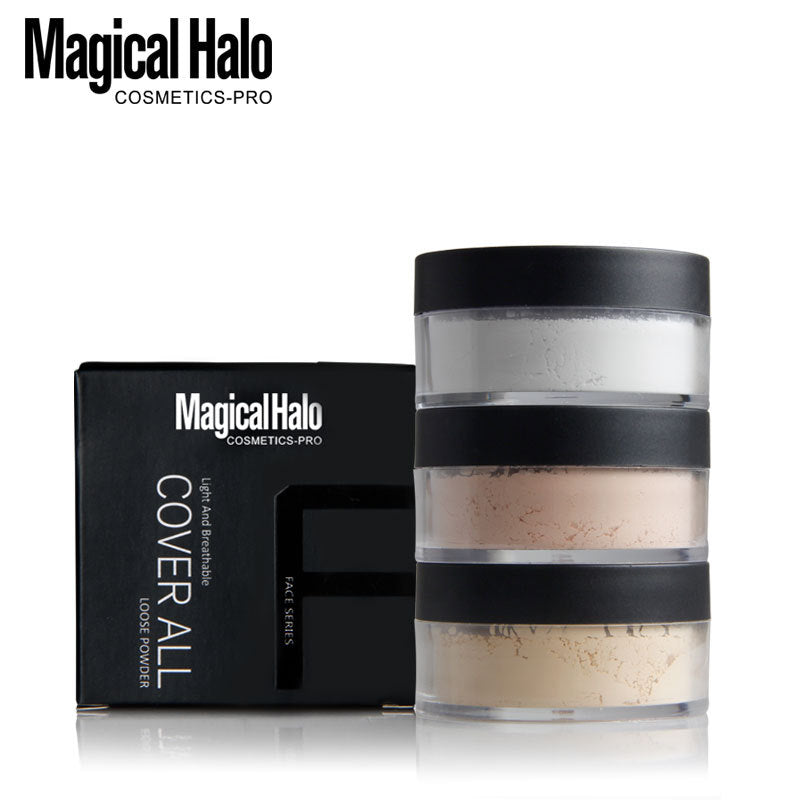 Close-up of Makeup Magical Halo Three-Color Concealer Loose Powder with packaging