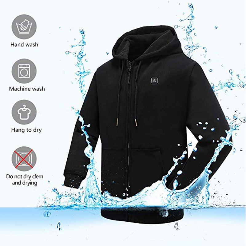 USB heating hoodie with power bank connected for warmth