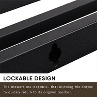Full-size bed frame with LED headboard, drawers, and charging ports