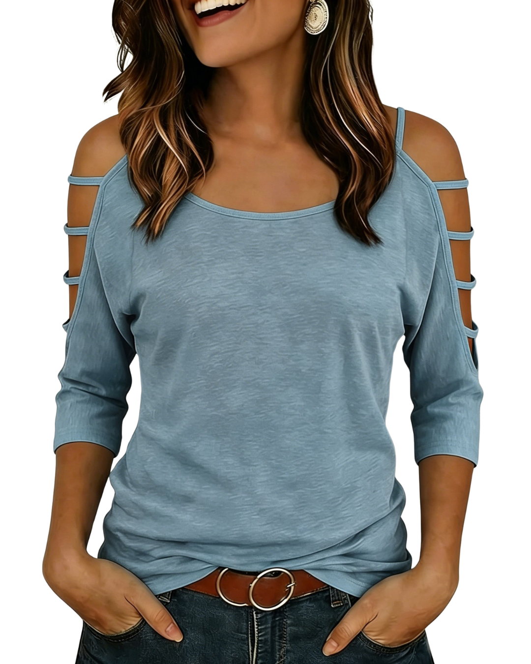 A woman wearing a heathered dusty blue cold-shoulder top with cutout details on the sleeves, paired with dark blue jeans and a brown belt with a silver buckle.