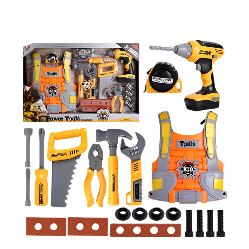 Children’s playhouse toolbox toy set with electric drill and tools, perfect for pretend play and role-playing activities.









