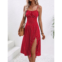 Women’s Polka Dot Print Suspender Dress with sexy slit, summer long dress with adjustable straps.

