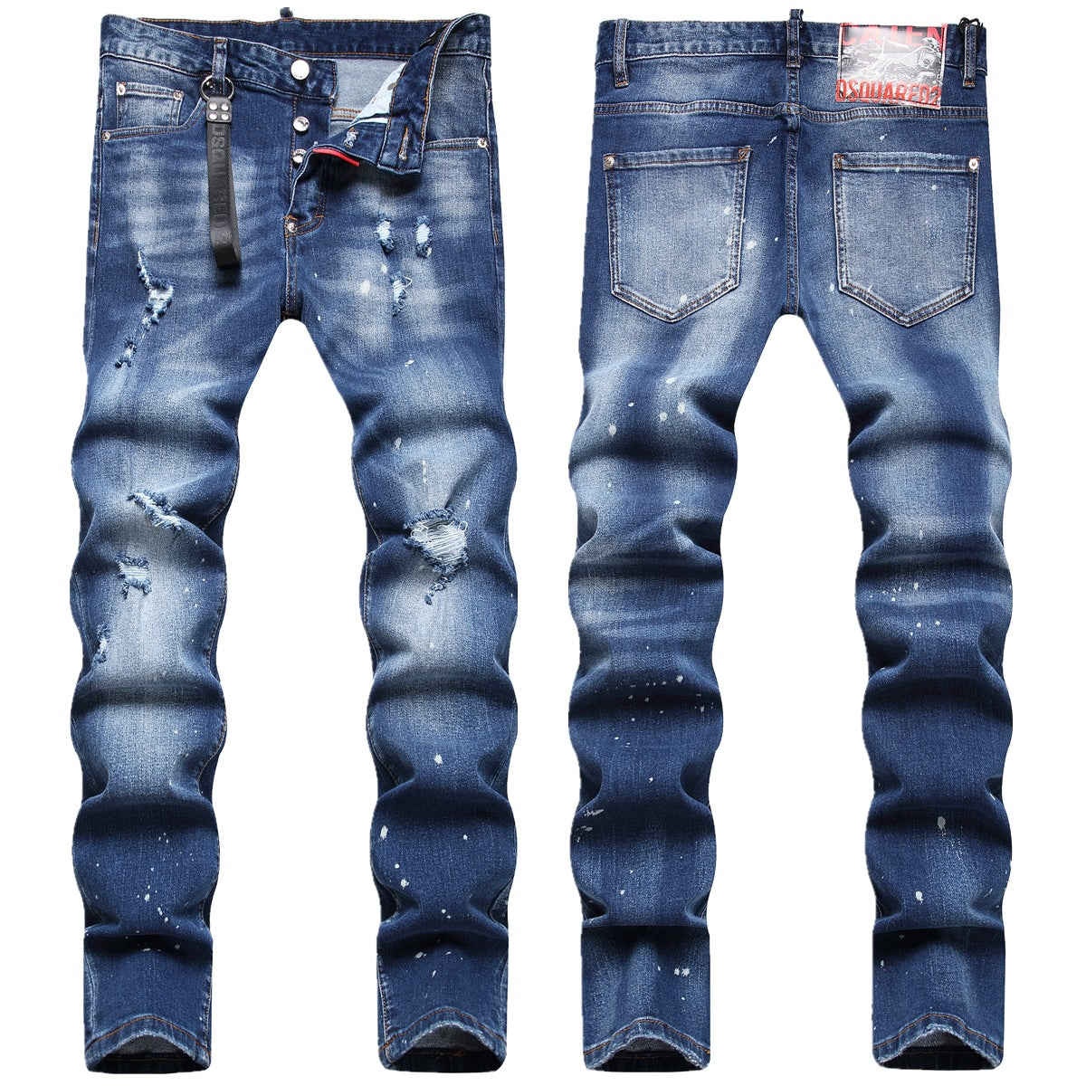 Men’s ripped fashion jeans with ornamental details, slim fit, and distressed design for a trendy streetwear look.
