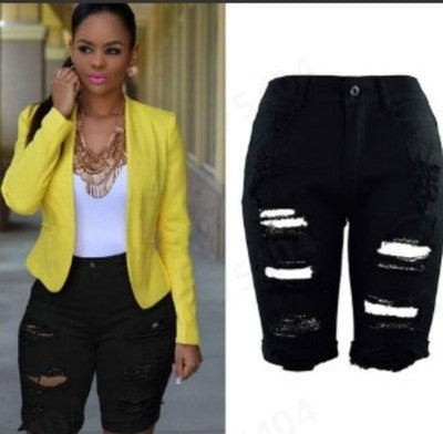 Fashion High Waist Ripped Denim Shorts for Women featuring a flattering high-waisted fit and trendy ripped detailing for a stylish, casual look.