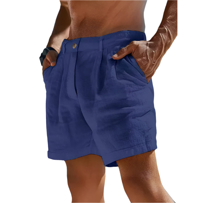 Men’s lightweight linen shorts with button pocket, breathable and stylish for summer wear.








